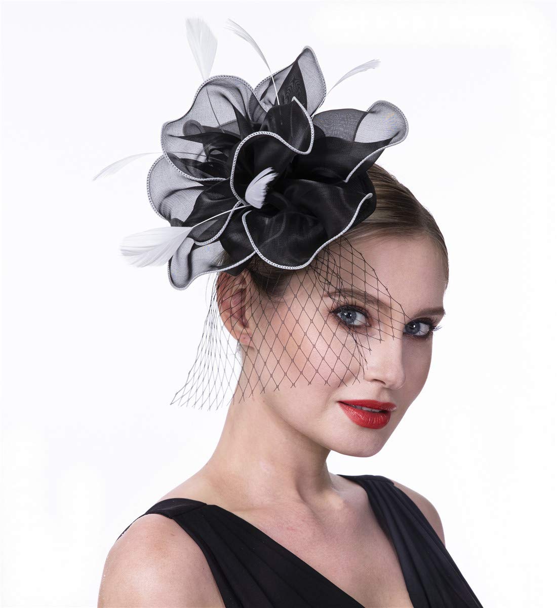SAFERIN Fascinators Hat Flower Mesh Ribbons Feathers on a Headband and a Clip Tea Party Headwear for Girls and Women WN420