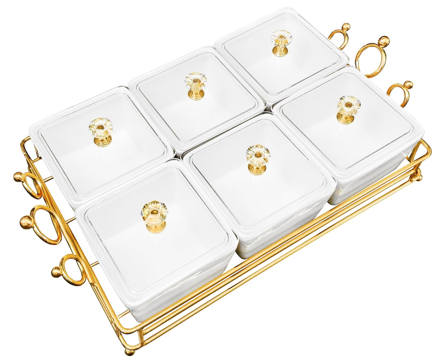 YA JU Ceramic Bowls and with Lid Gold Basket Trays, 4 Removable Small Bowls Condiment Trays Nut Serving Set for Snacks, Fruits, Candy and Condiments - Great for Parties, Holiday Gifts,White BST202