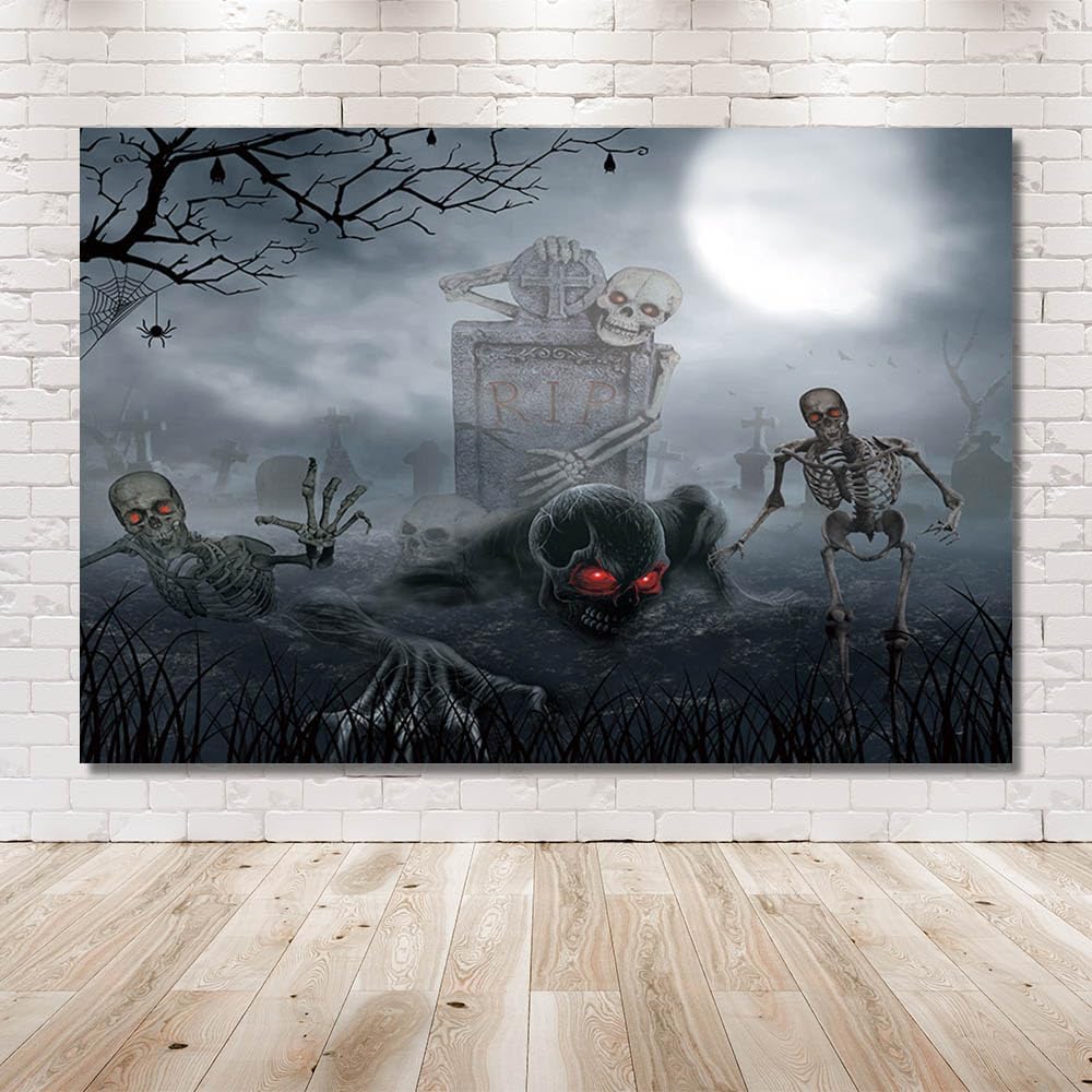 MEHOFOND Halloween Cemetery Photography Backdrop - Full Moon Scary Night Background - Skull Ghost Skeletons Cemetery Party Decorations - 7x5ft WN420