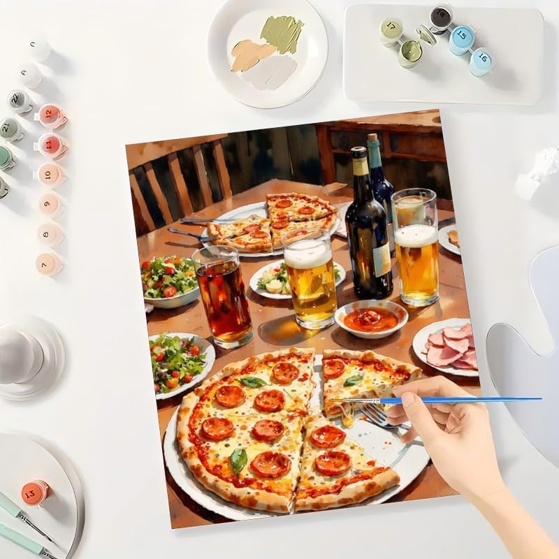 Food & Drink Paint by Numbers Kit for Adults - DIY Pepperoni Pizza and Drink Table Painting on Canvas 12x16 Inches, Acrylic Paint Set, Suitable for Beginners, Art for Kitchen Decor or Gifts BST326H
