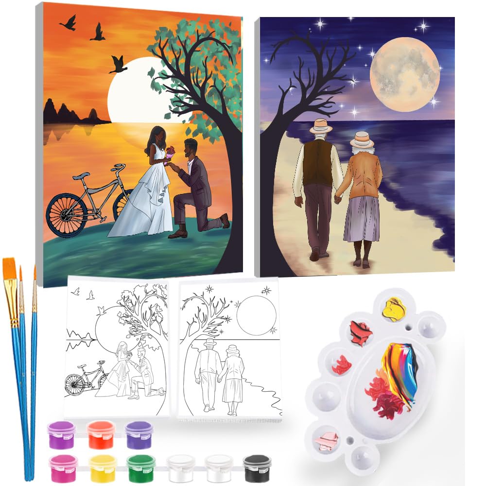 2Pcs Sip and Paint Kit for Adults,Valentines Couple Painting Kit Supplies Canvas, Pre Drawn Canvas to Paint for Date Night for Couples DIY Acrylic Painting Kits Party Favor 8×10 WN420