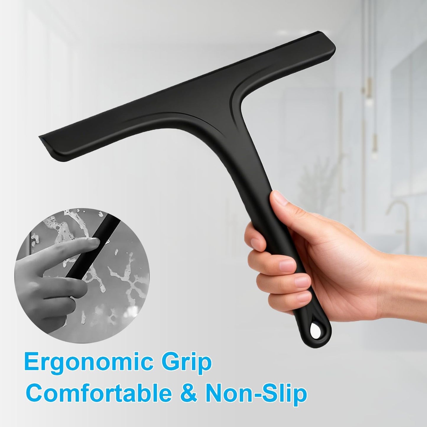 Silicone Shower Squeegee for Bathroom Glass Doors, with Hanging Hole for Easy Storage, Removes Water Spots from Windows, Mirrors, Tiles & Kitchen Surfaces-Black, 10 Inch WN420