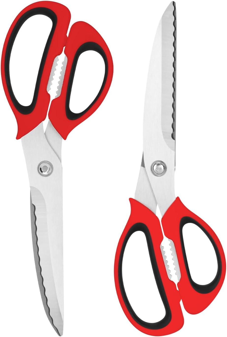 Kitchen Scissors with Ripple Blade Design, Ergonomic White Handles, Stainless Steel (Red) BST326H