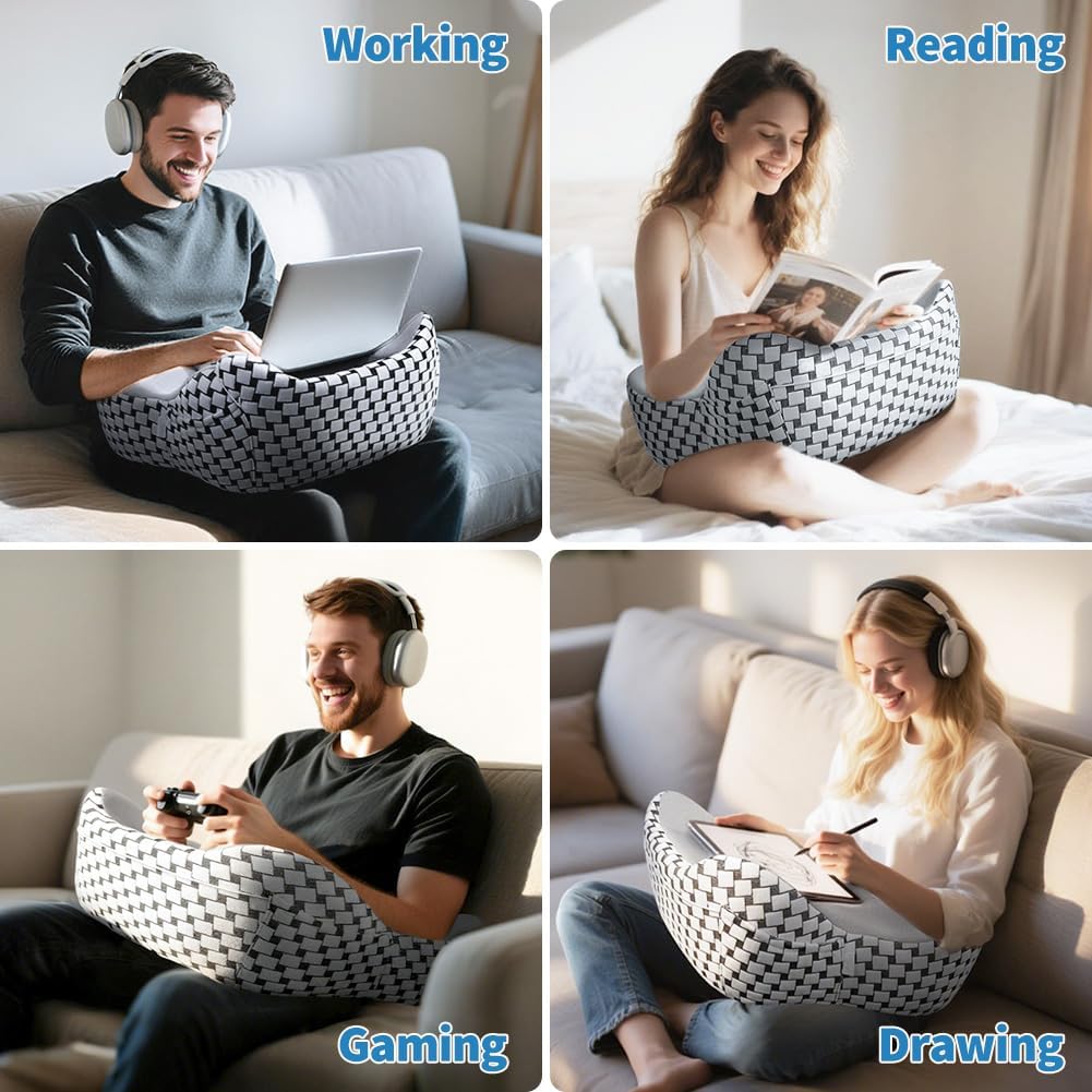 Laptop Pillow, Ergonomic Memory Foam Lap Desk Cushion Soft Reading Gaming Pillow for Lap with Knitting Side Pocket for Casual Living Reading, Working, Gaming, Writing in Bed Couch Floor BST220