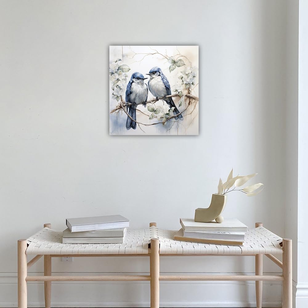 LURENCZH Bird Canvas Wall Art Blue Birds on Branch Picture Print Couple Birds Paintings for Living Room Bedroom Decor Framed Ready to Hang(Bird-3,12.00" x 12.00") BST326L