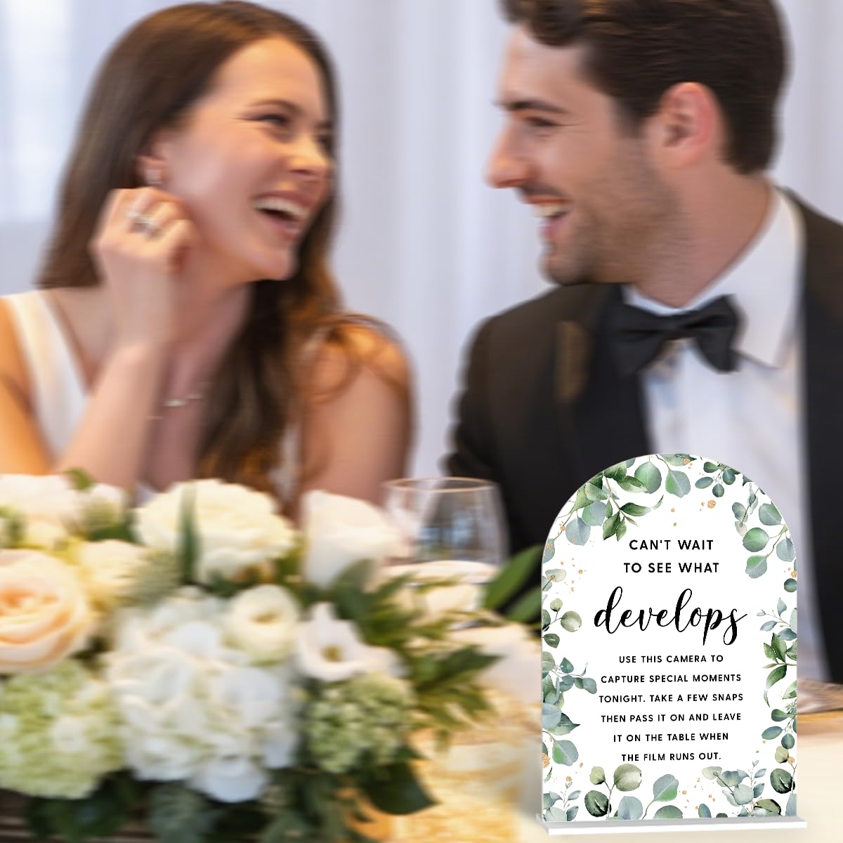 Acrylic Wedding Signs, Bubble Send Off Signs for Marriage Reception, Bridal Shower Decorations, Modern Arched Round Top Acrylic Table Top Sign with Holder for Wedding Party (White Eucalyptus Leaves) BST326L