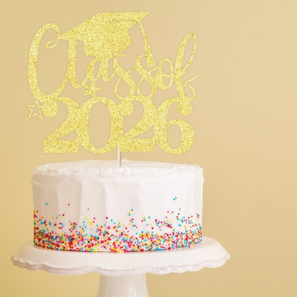 Class of 2026 Cake Topper | Gold Glitter Grad Cap Cake Pick-Boys Girls primary school High School College 2026 Graduation Theme Party Cake Decor Supplies BST202