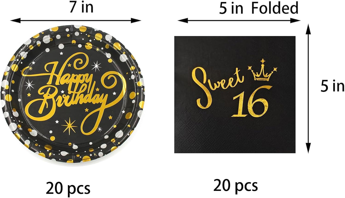 16th Birthday Party Supplies Disposable Tableware Napkins and Plates,Black and Gold Napkins and Plates Set for 16th Girl Birthday Party Decoration Service 20 BST326L