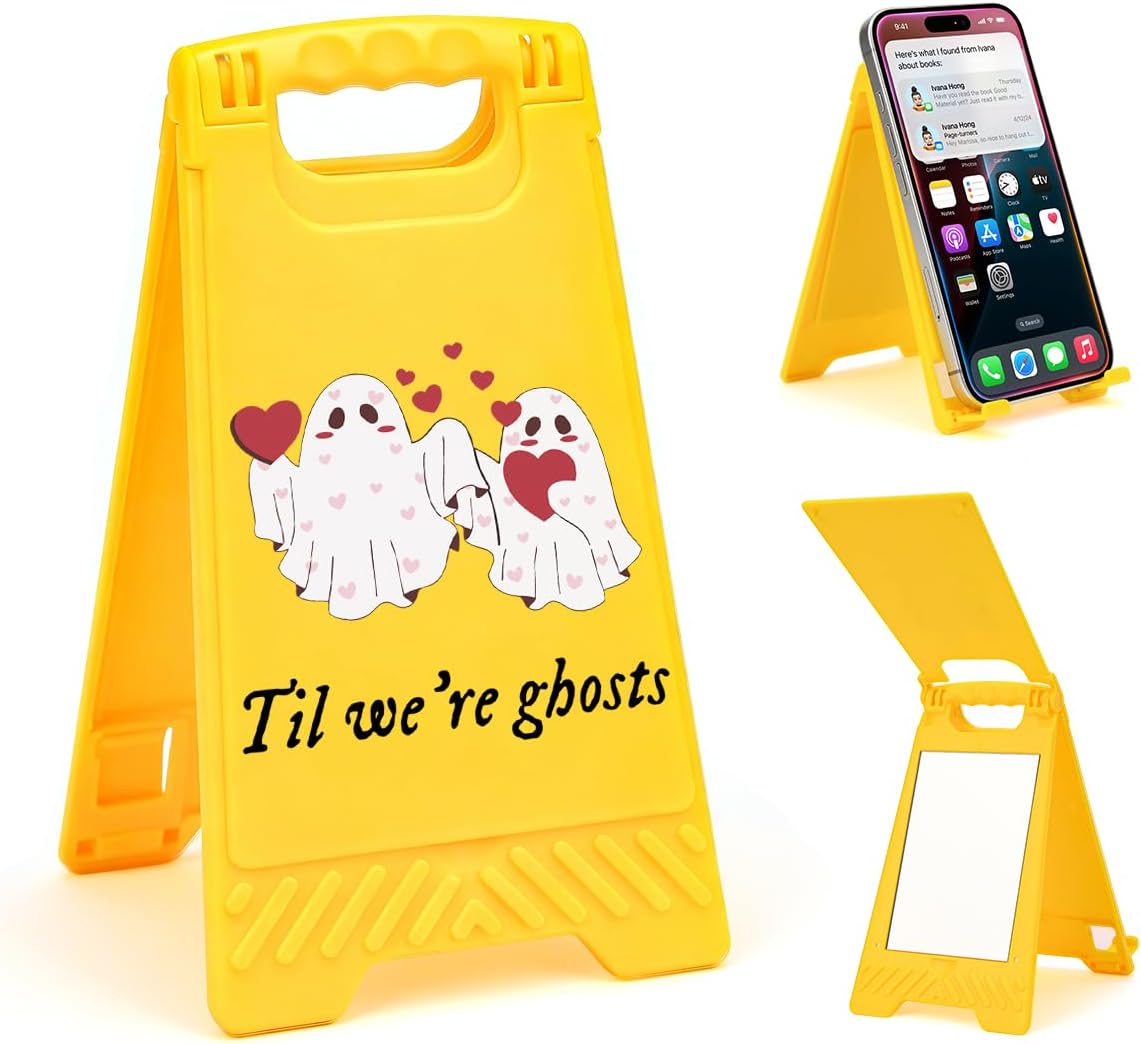 Cute I Love You Valentine's Day Til We're Ghosts Desk Sign Yellow Warning Style Table Decor Valentine's Day Gift for Boyfriend Girlfriend Husband Wife Tabletop Cubicle Phone Holder Mirror Stand BST202