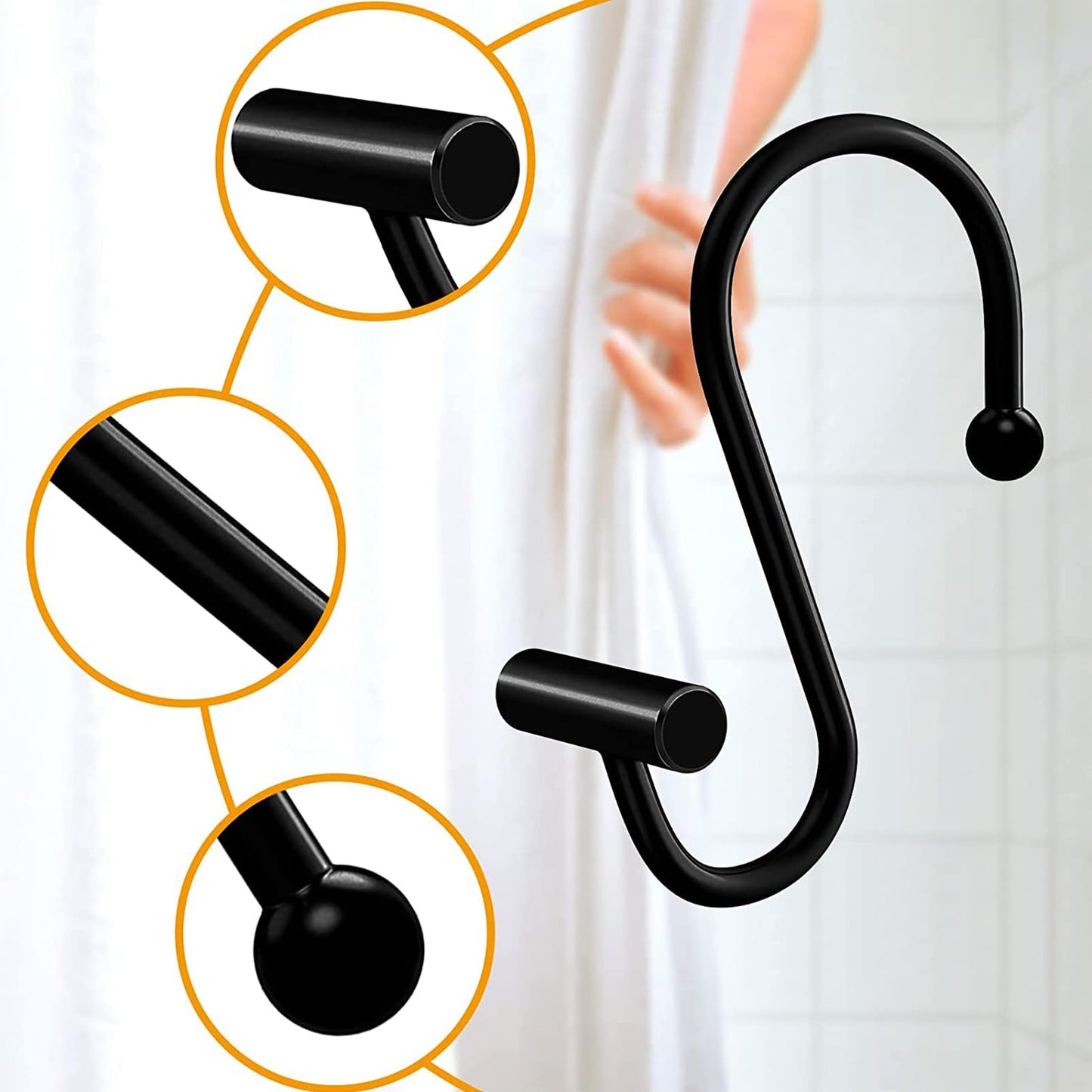 Black Shower Curtain Hooks S Hooks for Hanging Shower Hooks 12 Pack Metal Rustproof Rings with T-Bar Design, Elegant & Durable, Easy to Install for Bathroom, Kitchen, or Wardrobe Rods Curtain Rings BST220
