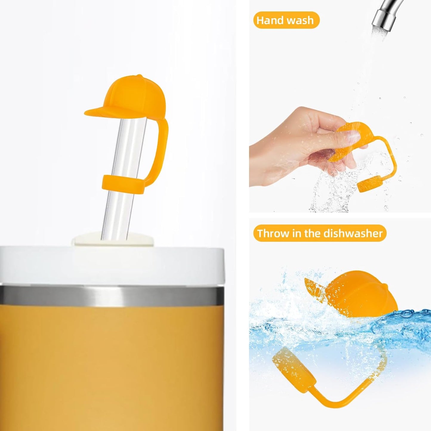 Straw Covers Cap for Tumblers 4 Pcs Yellow Hat Stanley Cup Toppers 0.4 in 10 mm Silicone Cute Straws Stoppers Tips for Water Bottle 30 & 40 Oz Cups with Handle Accessories Proof Dust Lids WN420
