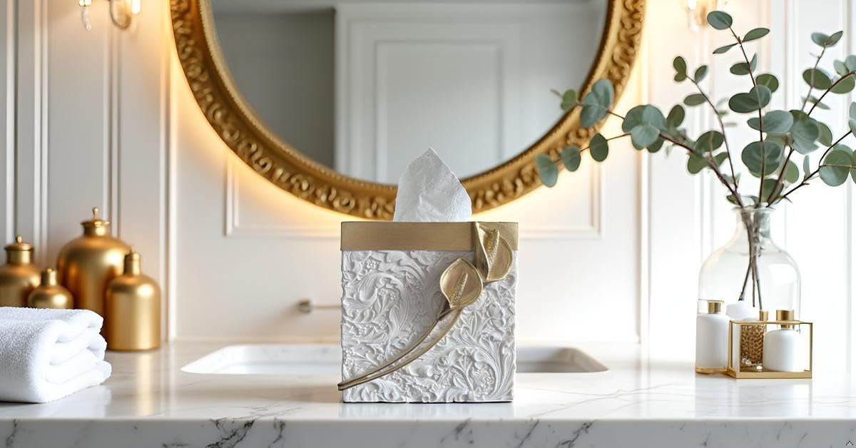 Square Tissue Box Cover Decorative Kleenex Box Holder for Bathroom & Living Room with Handcrafted Texture (colla Gold) BST220
