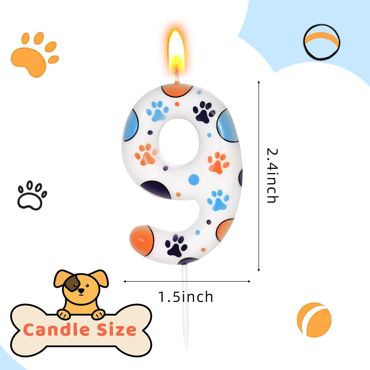 Number 9 Blue Dog Birthday Candle, Cute Dog Paw Print Cake Topper Candle, Bithday Party Supplies, Cake Decoration for Kid, Pets Celebrations Decor BST326L