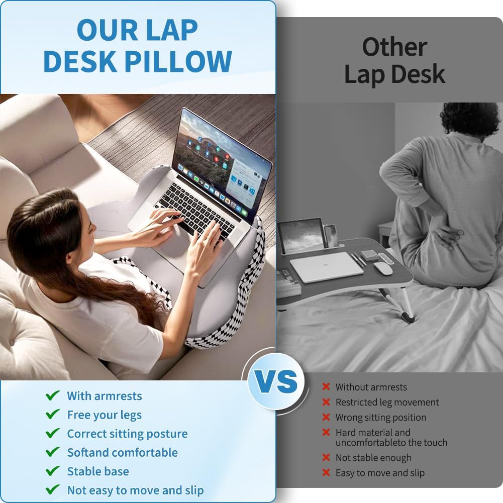 Laptop Pillow, Ergonomic Memory Foam Lap Desk Cushion Soft Reading Gaming Pillow for Lap with Knitting Side Pocket for Casual Living Reading, Working, Gaming, Writing in Bed Couch Floor BST220