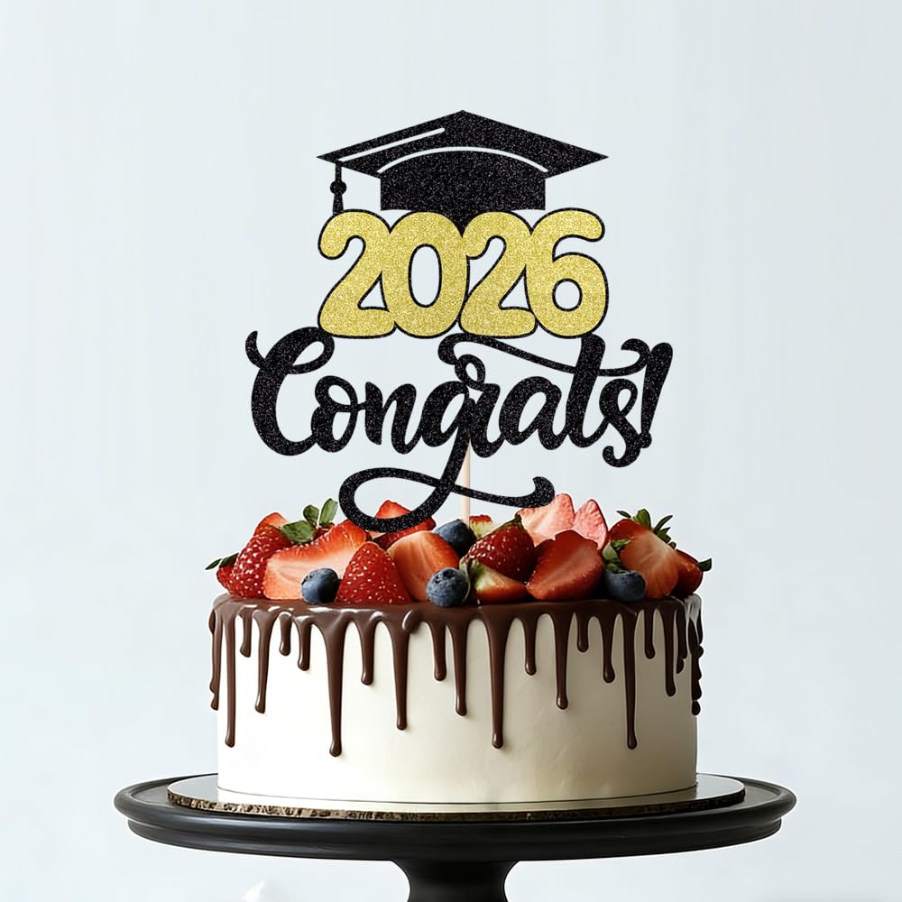 24Pcs Graduation Cupcake Topper, Glitter Class of 2026 Cupcake Topper Supplies for 2026 Congrats Grad Cap Diploma Cake Decor Graduate Celebration Party Cake Decorations Supplies (Black - 24) BST326L