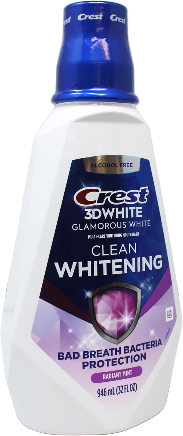 Crest 3D White Glamorous White Mouthwash, Alcohol Free Multi-Care Whitening Mouthwash, Arctic Mint, 32 fl oz (946 mL)