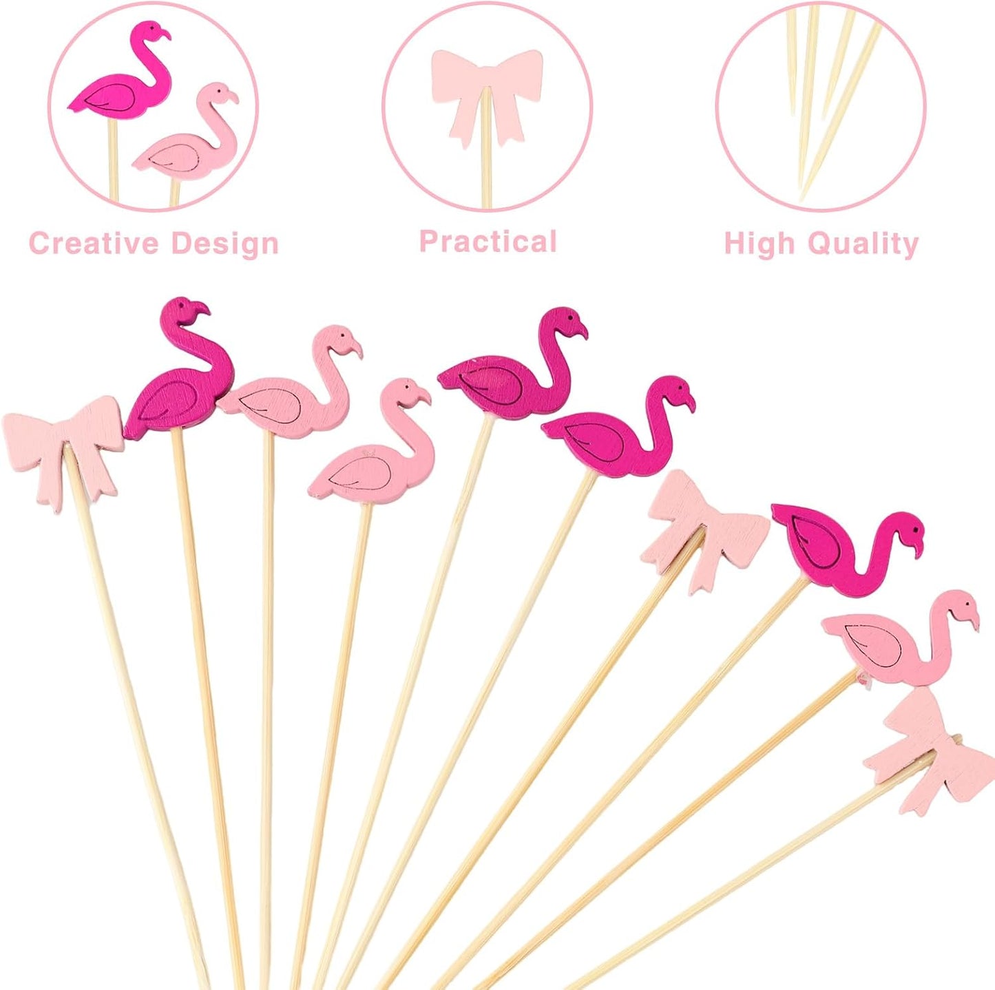 200 Pcs Pink Cocktail Picks Set, 4.72 Inch Bow and Flamingo Toothpicks for Appetizers Birthday Party Decoration BST220