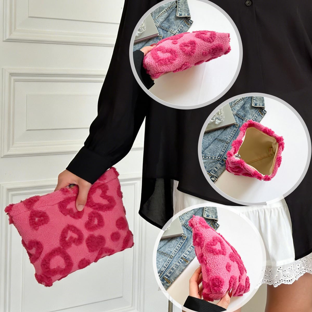 2 PCS Fluffy Heart Makeup Bag Cute Plush Coin Wallet Fashion Cosmetic Organizer Pouch with Zipper Portable Travel Make up Toiletry for Women Girls Valentine's Day Mother's Day, Birthday（Large + Small） BST326L