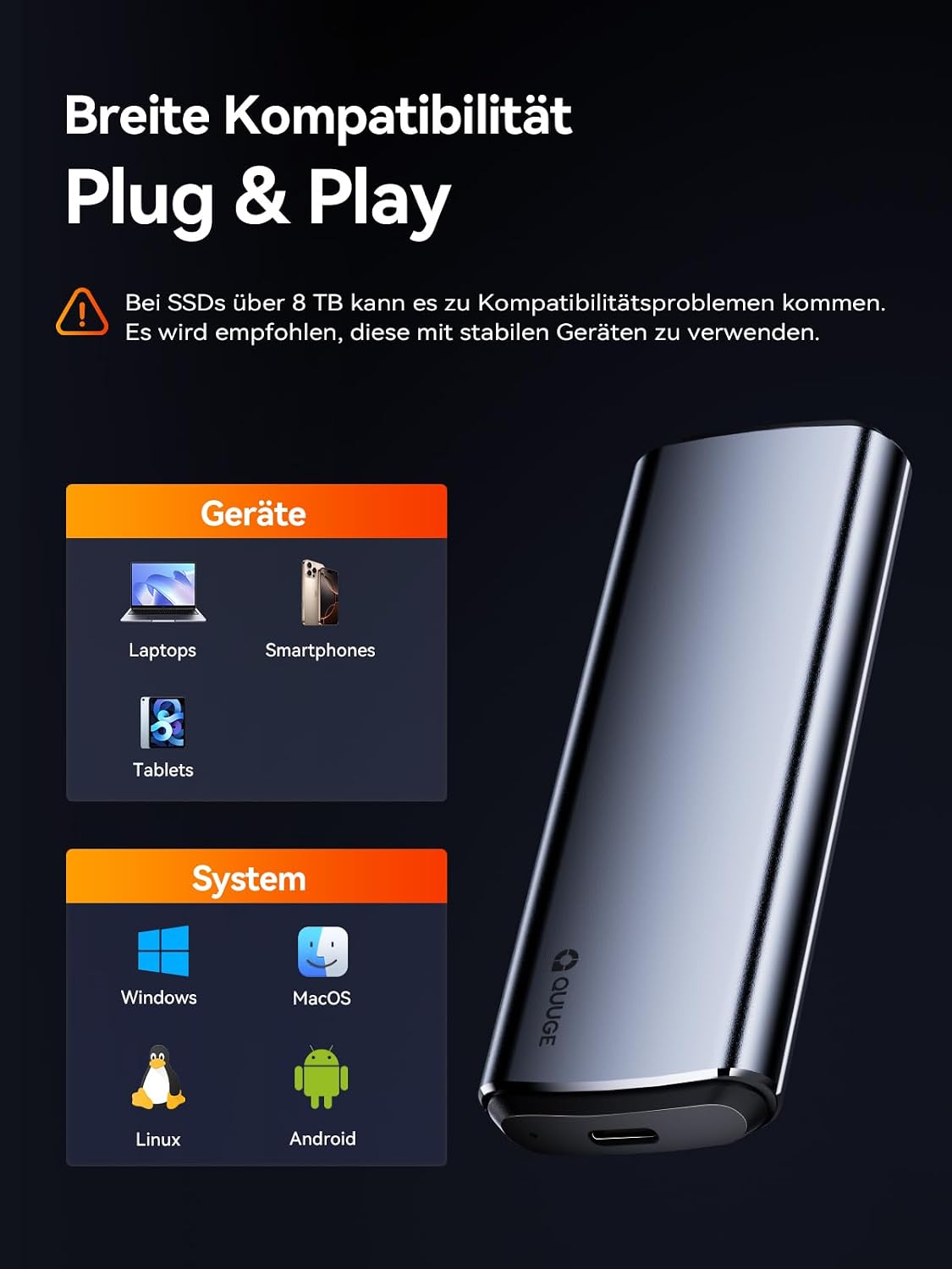 QUUGE NVMe M.2 USB 3.2 SSD Enclosure, USB-C Adapter USB 3.2 Gen 2 10Gbps, Hard Drive Enclosure Aluminum Alloy for PCIe M-Key/M+ B-Key SSDs (2230/2242/2260/2280), Tool-Free, Includes USB CC Cable WN420