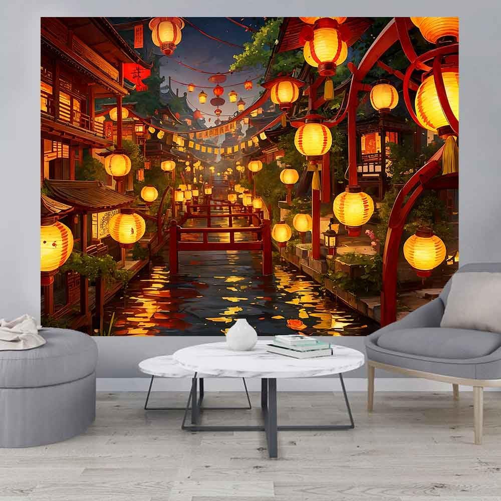 Ine Ive Japanese Tapestry Wall Hanging Large Size 93x71 Inch | Traditional Japan Streets filled with lanterns tapestry for Bedroom Living Room Dorm Office Restaurant Wall Decor BST202