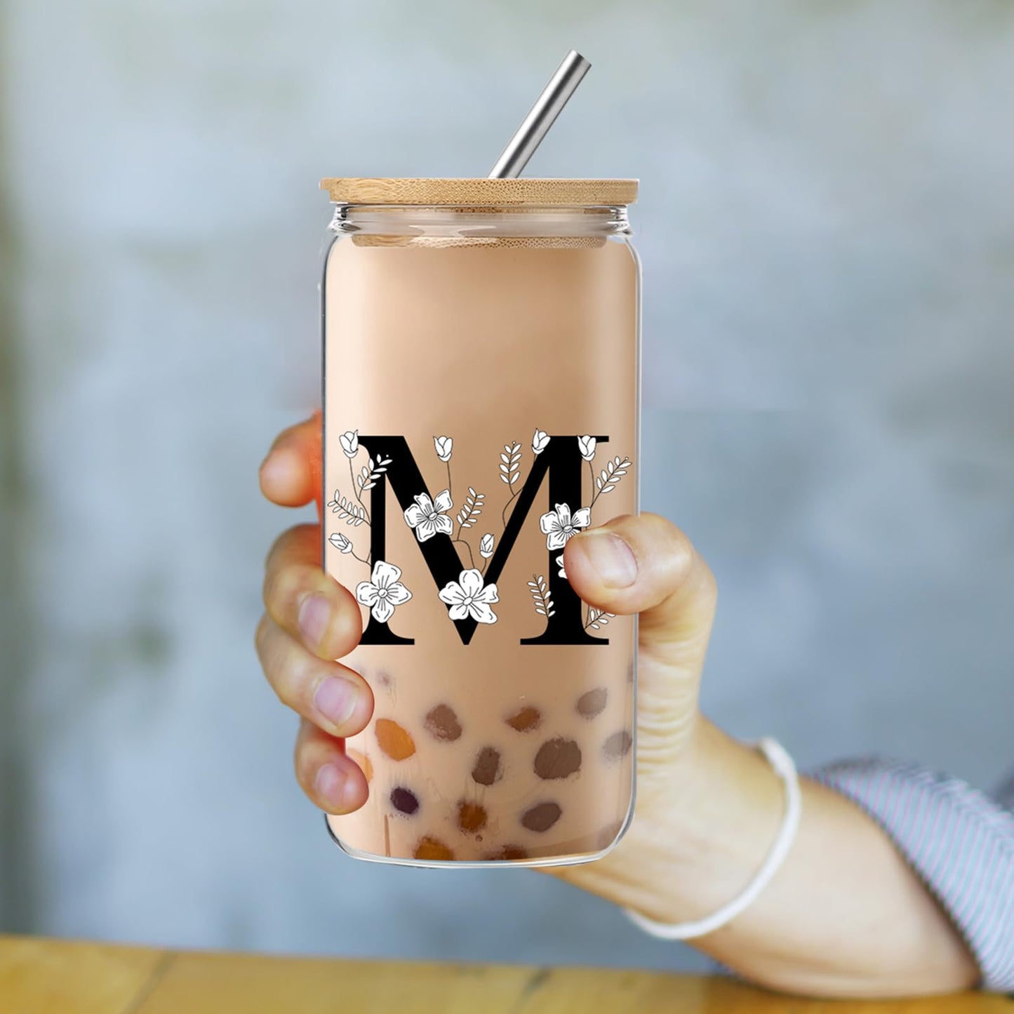 Monogrammed Initial Glass Cup with Lids and Straws gift for Women | Personalized Gift Set with Doll, 16 Oz Ice Coffee Cup ,reusable glass tumbler,Birthday Christmas Gift for Her,U WN420