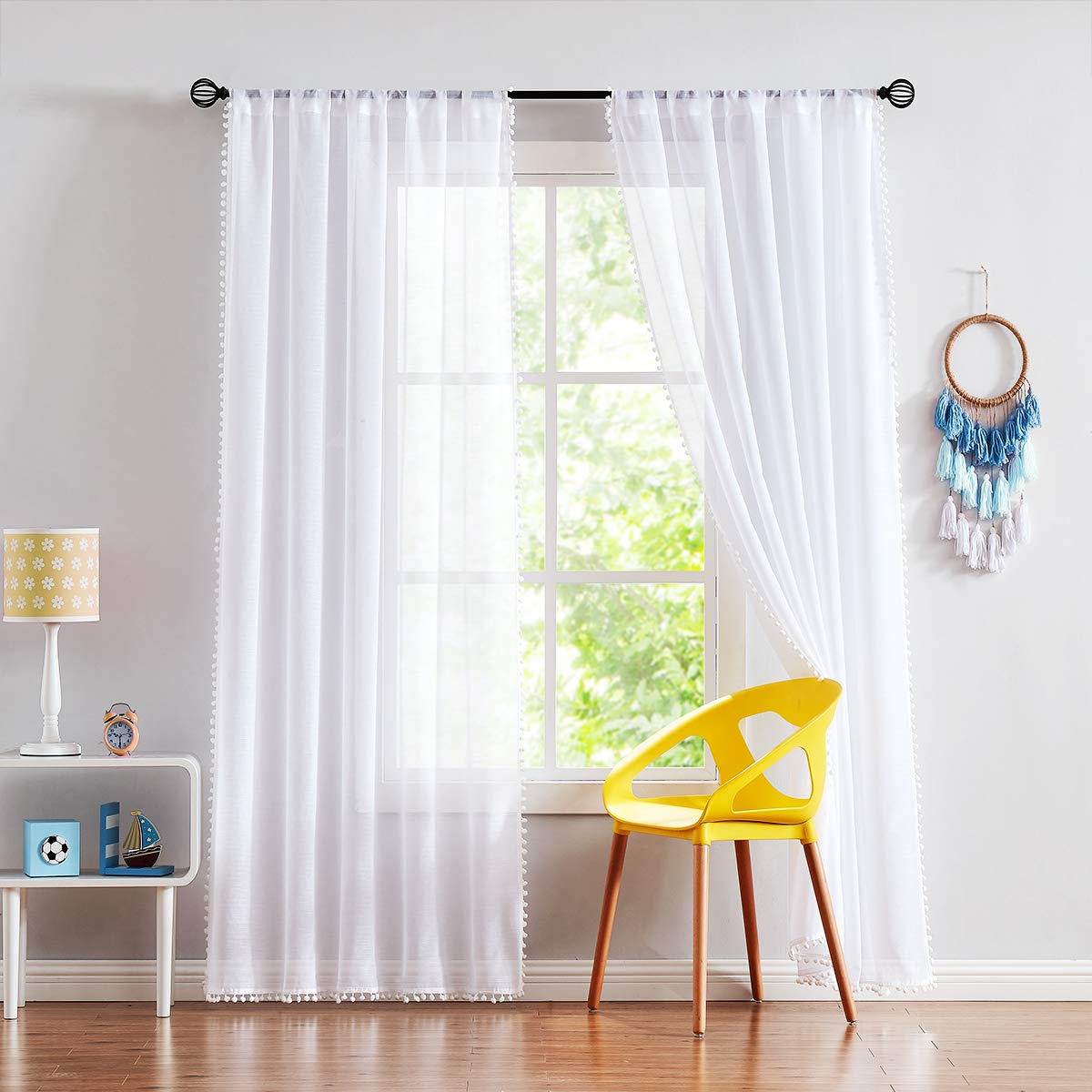Treatmentex Pom-Pom Grey Sheer Curtains for Bedroom 63" Window Drapes Rod Pocket Textured Sheer Curtain for Kids Room 52" w 2 Panels BST202