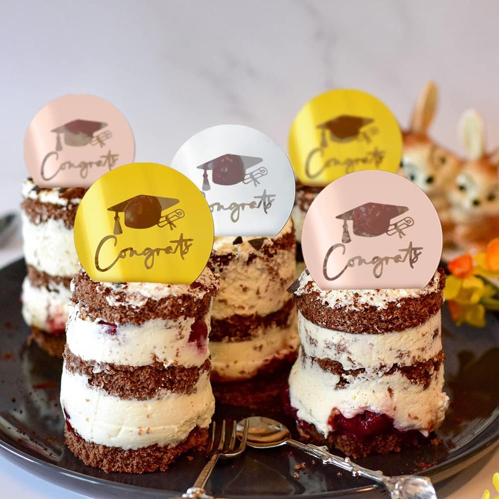 36 Pcs Graduation Cupcake Toppers Acrylic Cake Disc Toppers Graduation Mirror Cake Toppers Happy Graduate Party Supplies Decor(Gold/Rose Gold/Silver) BST326L