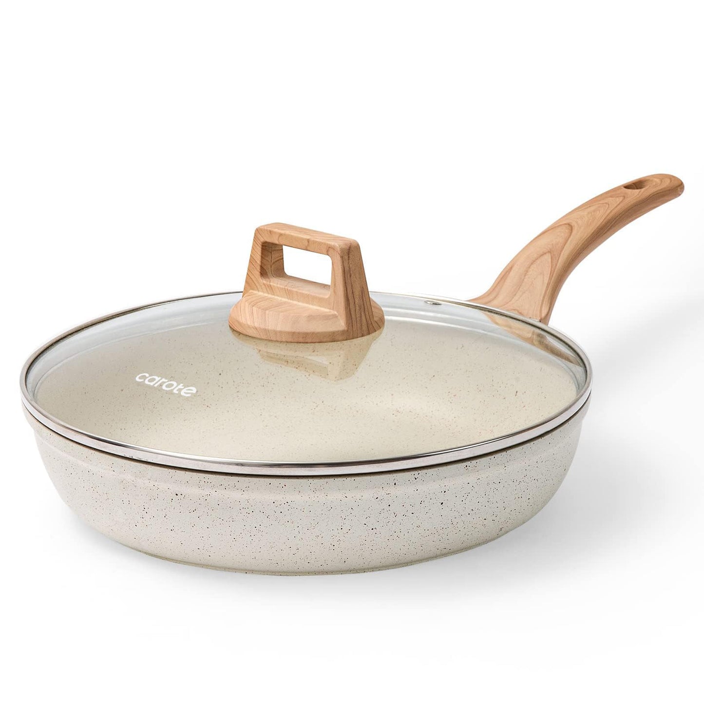 CAROTE Non Stick Frying Pan, 12 Inch Cream White Skillet with Glass Lid | Non Toxic Kitchen Healthy Cookware, Compatible with All Stovetop, Easy to Clean, PFOA Free BST202