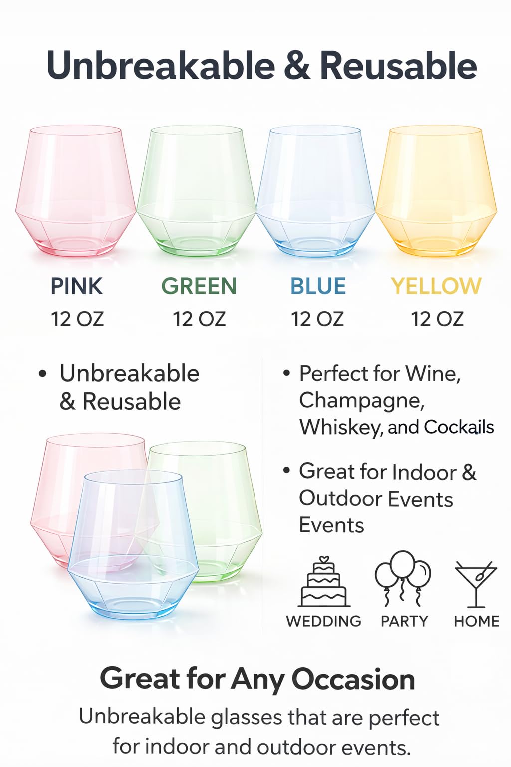 Oojami 40 Pack Diamond Disposable Plastic Wine Glasses 12oz for Parties | Stemless Wine Cups, Champagne Cocktail Whiskey - Shatterproof Unbreakable Reusable Recyclable BPA-Free, Weddings Birthday BST220