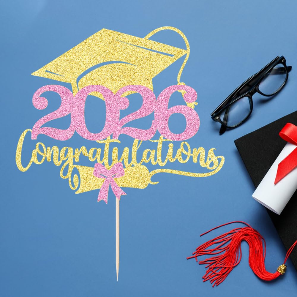 Class of 2026 Cake Topper | Gold Glitter Grad Cap Cake Pick-Boys Girls primary school High School College 2026 Graduation Theme Party Cake Decor Supplies BST202