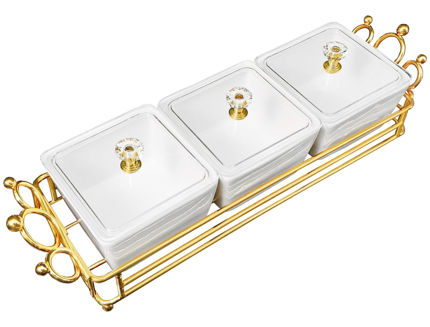 YA JU Ceramic Bowls and with Lid Gold Basket Trays, 4 Removable Small Bowls Condiment Trays Nut Serving Set for Snacks, Fruits, Candy and Condiments - Great for Parties, Holiday Gifts,White BST202