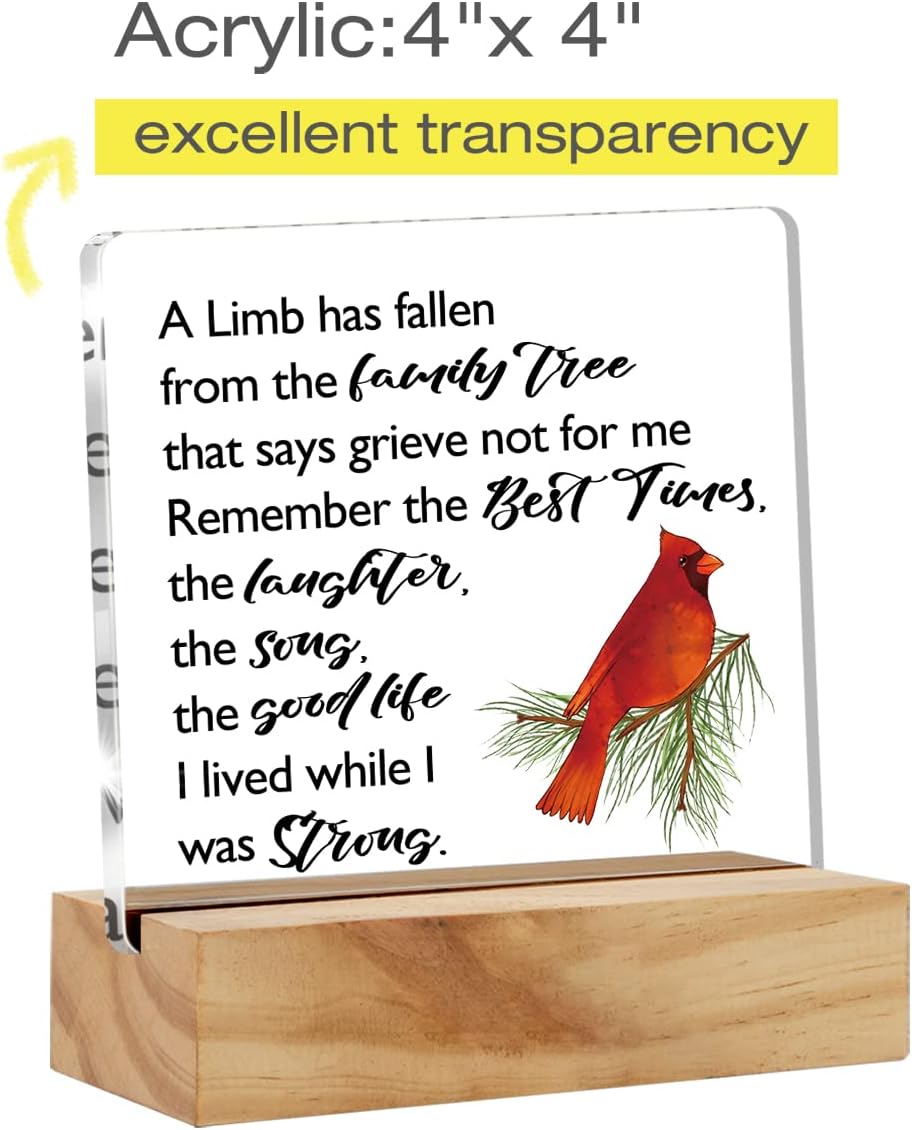 Acrylic Sympathy Gift for Loss of Loved One Desk Decor Red Cardinal Memorial Bereavement Gifts Decorative Clear Acrylic Desk Plaque Sign with Wood Stand for Home Office WN420