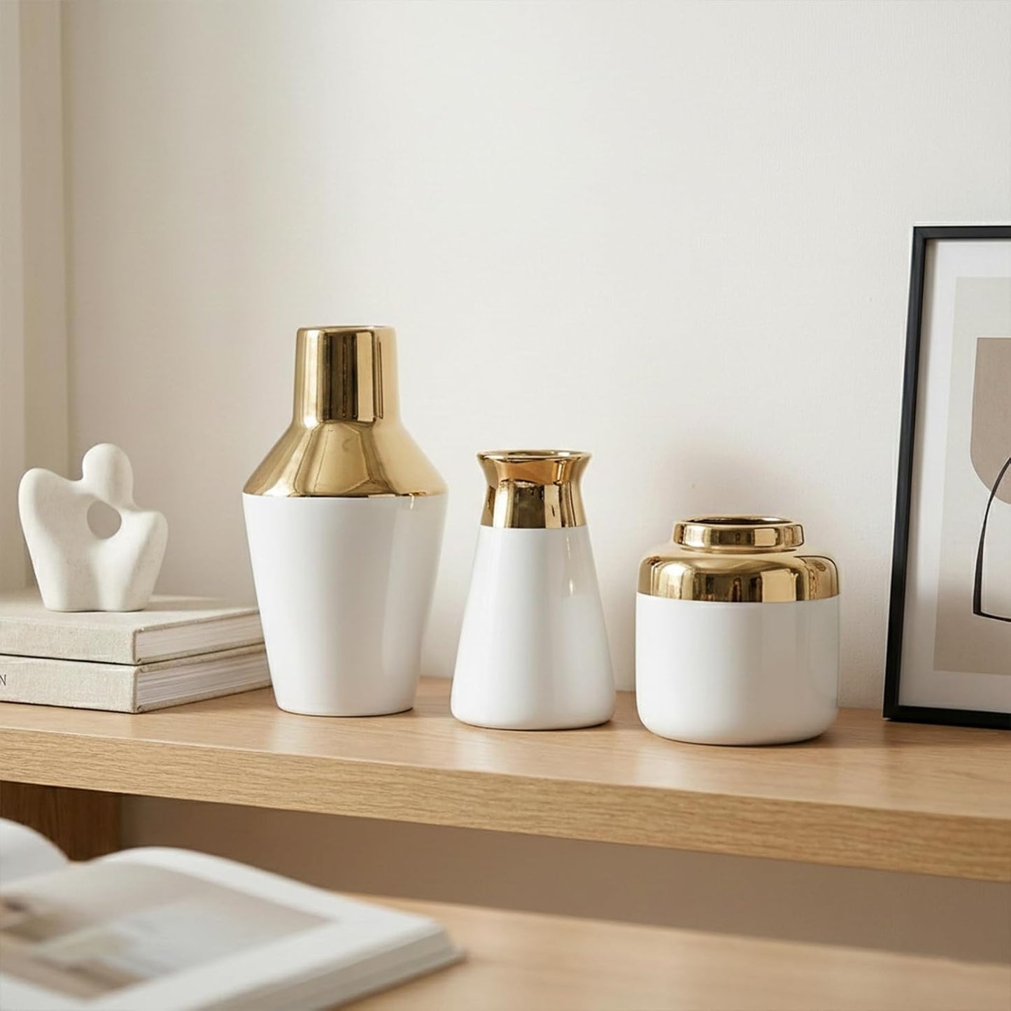 3 Piece Wide Mouth Vase Set for Table Centerpiece, Ceramic White Gold Flower Vase for Pampas Grass Decor, Glossy Gold Unique Vases for Bathroom Fireplace Top Shelf Entryway Decorative BST220