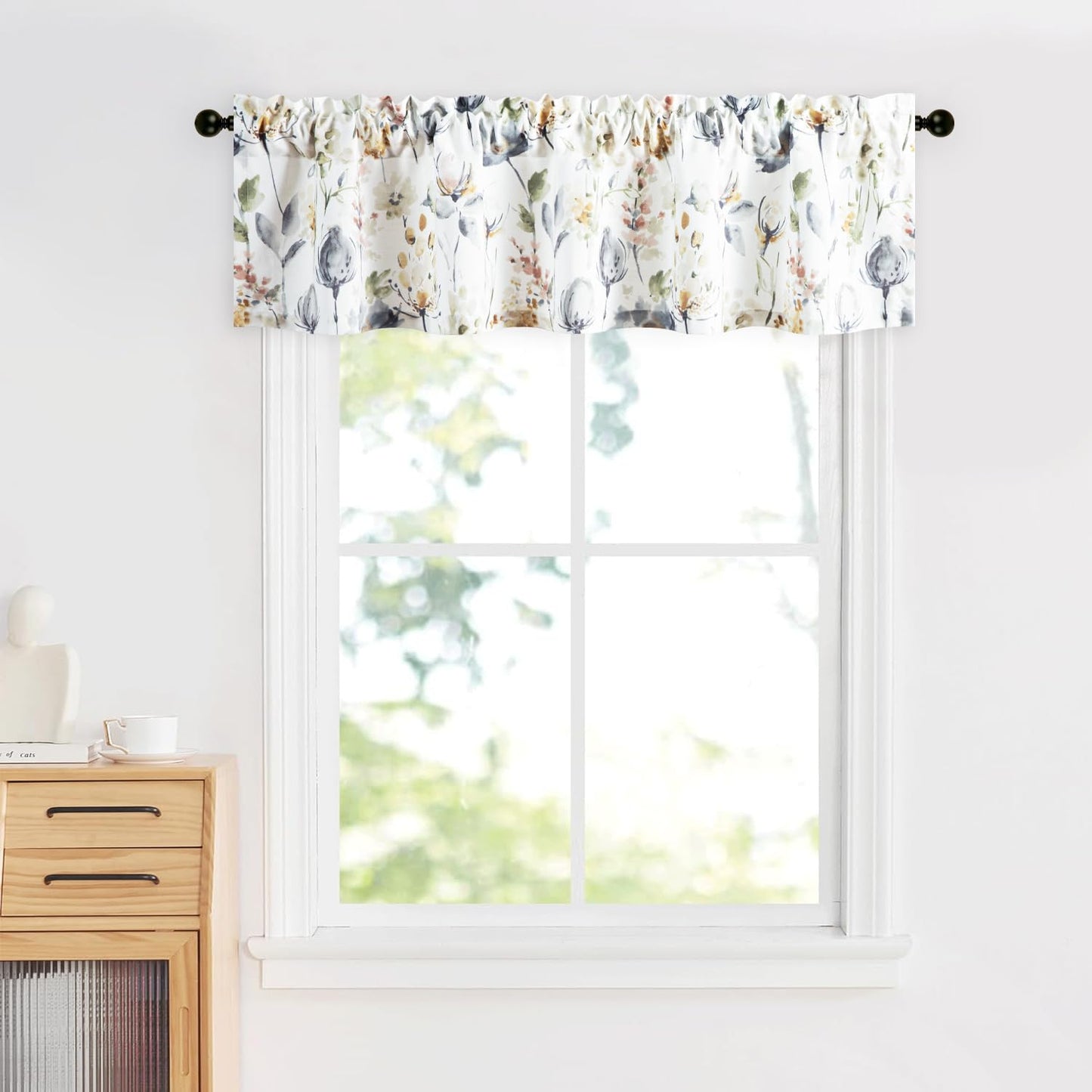Leeva Farmhouse Kitchen Valances for Windows, Watercolor Blossoming Floral Print Curtains, Soft Faux Linen Curtain Toppers and Valances for Bedroom, 60 x 14 Inch, Brown & Grey, 1 Panel BST220