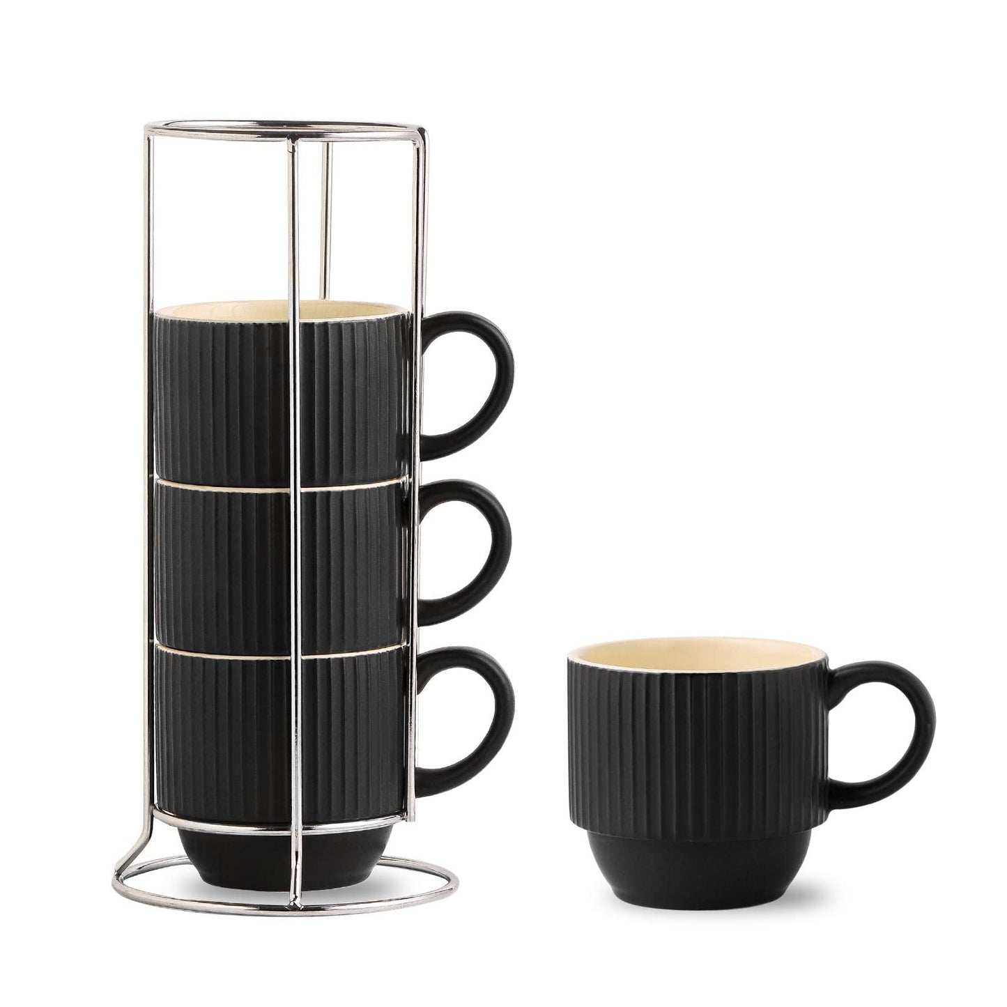 HASENSE 15 oz Ribbed Stackable Coffee Mug Set of 4, Porcelain Latte Cups with Metal Rack, Dishwasher & Microwave Safe, Cappuccino Tea Hot Cocoa, White BST220
