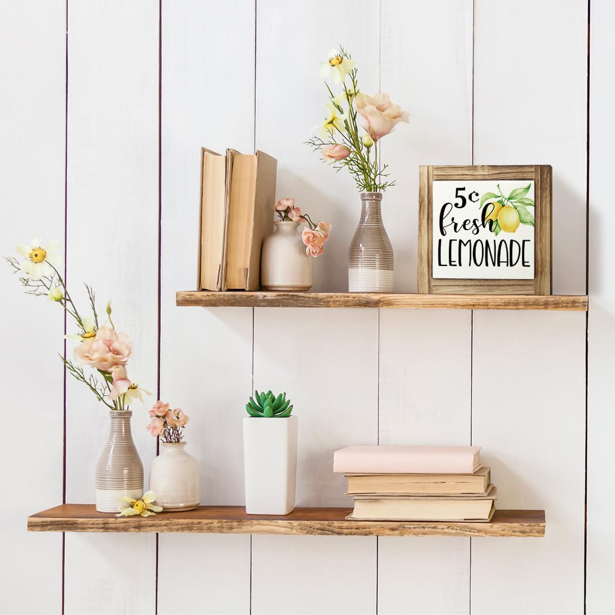 Inspirational Decor Signs, Lemon Summer Decoration, Positive Home Bar Decors, Rustic Kitchen Decors for Shelf, Wood Box Sign Desk Decor, When Life Gives You Lemons Make Lemonade Sign 5.9×5.9inches BST220