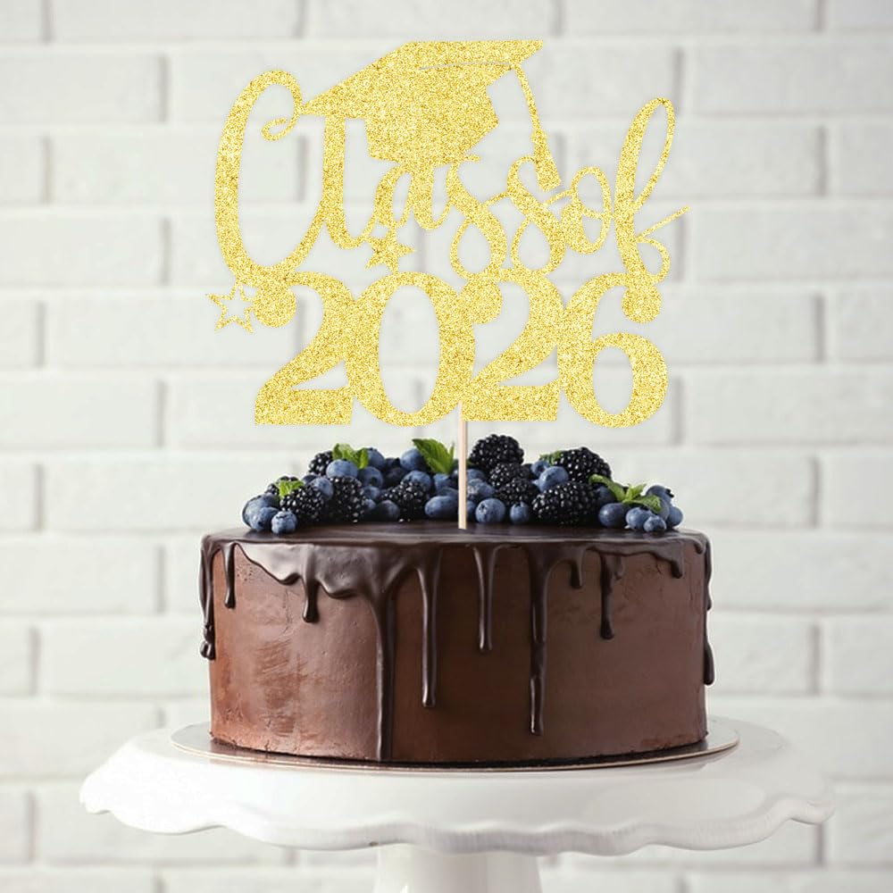 Class of 2026 Cake Topper | Gold Glitter Grad Cap Cake Pick-Boys Girls primary school High School College 2026 Graduation Theme Party Cake Decor Supplies BST202
