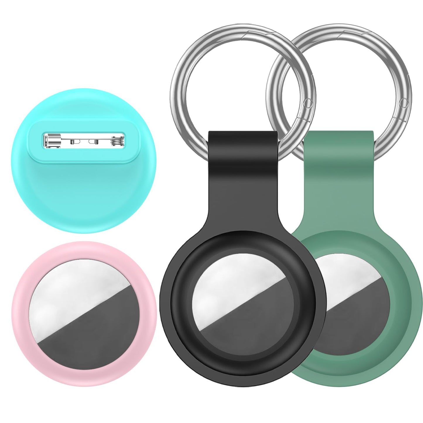 [4 Pack Family Set] Case Compatible with Apple AirTag Holder, 2 Keyring + 2 Pin-Style Secure Protectors, Durable Silicone Anti-Loss Shockproof GPS Cover for Kids, Pets, Bags, Luggage Tracking WN420
