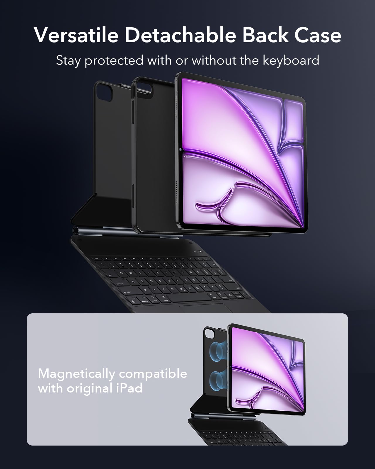 ESR for iPad Air 11 Inch Case with Keyboard M4/M3/M2 (2026/2025/2024) & iPad Pro 11/Air 5th/4th Gen Keyboard, Easy-Set Magnetic Stand, Portrait/Raised Modes, with Removable Protective Case, Black