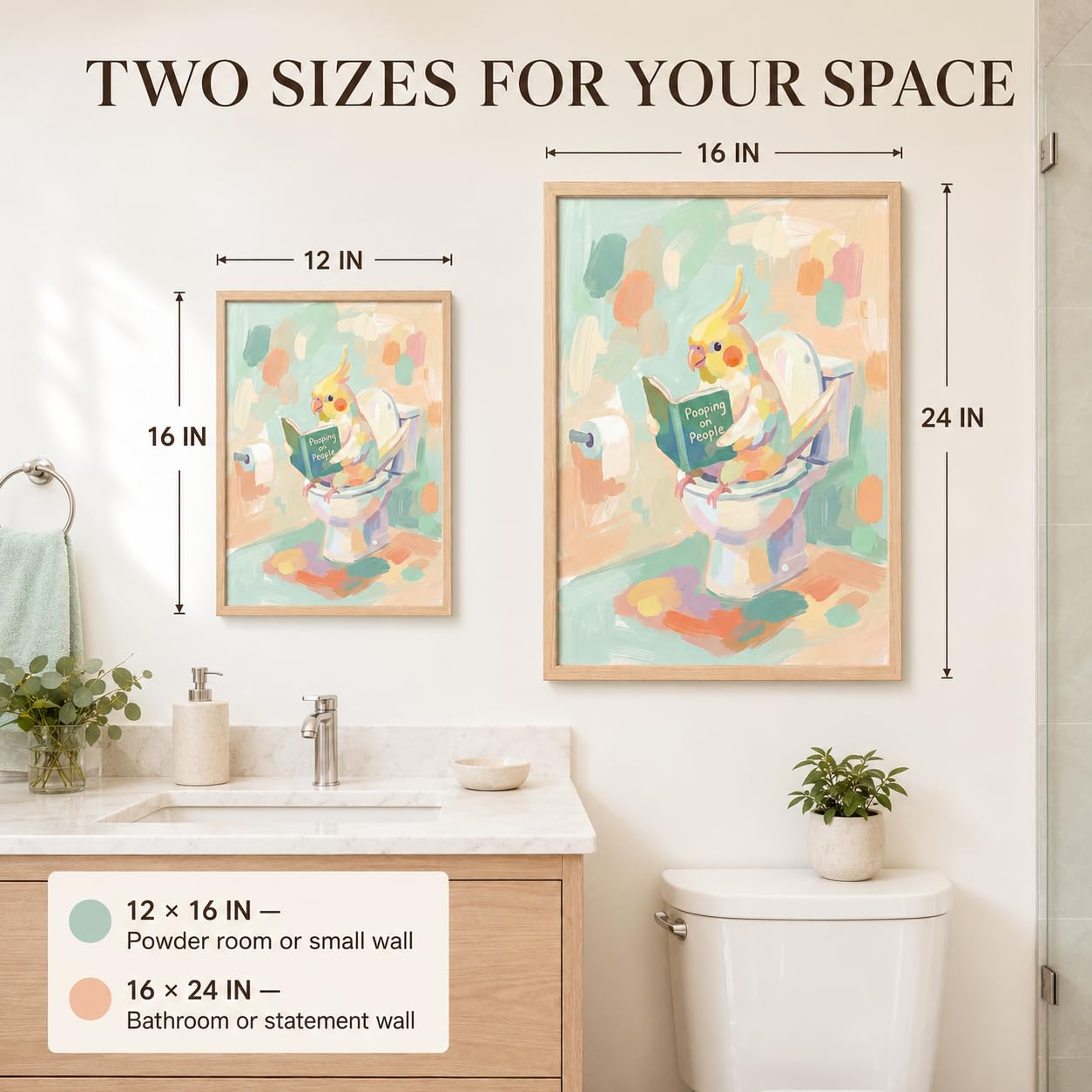 Framed Funny Parrot Bathroom Wall Art Cute Cockatiel Whimsical Canvas Print | Cute Bird Painting Natural Wood Frame Whimsical Animal Picture Playful Wall Decor for Bathroom Kids Room Nursery12x16Inche BST326H