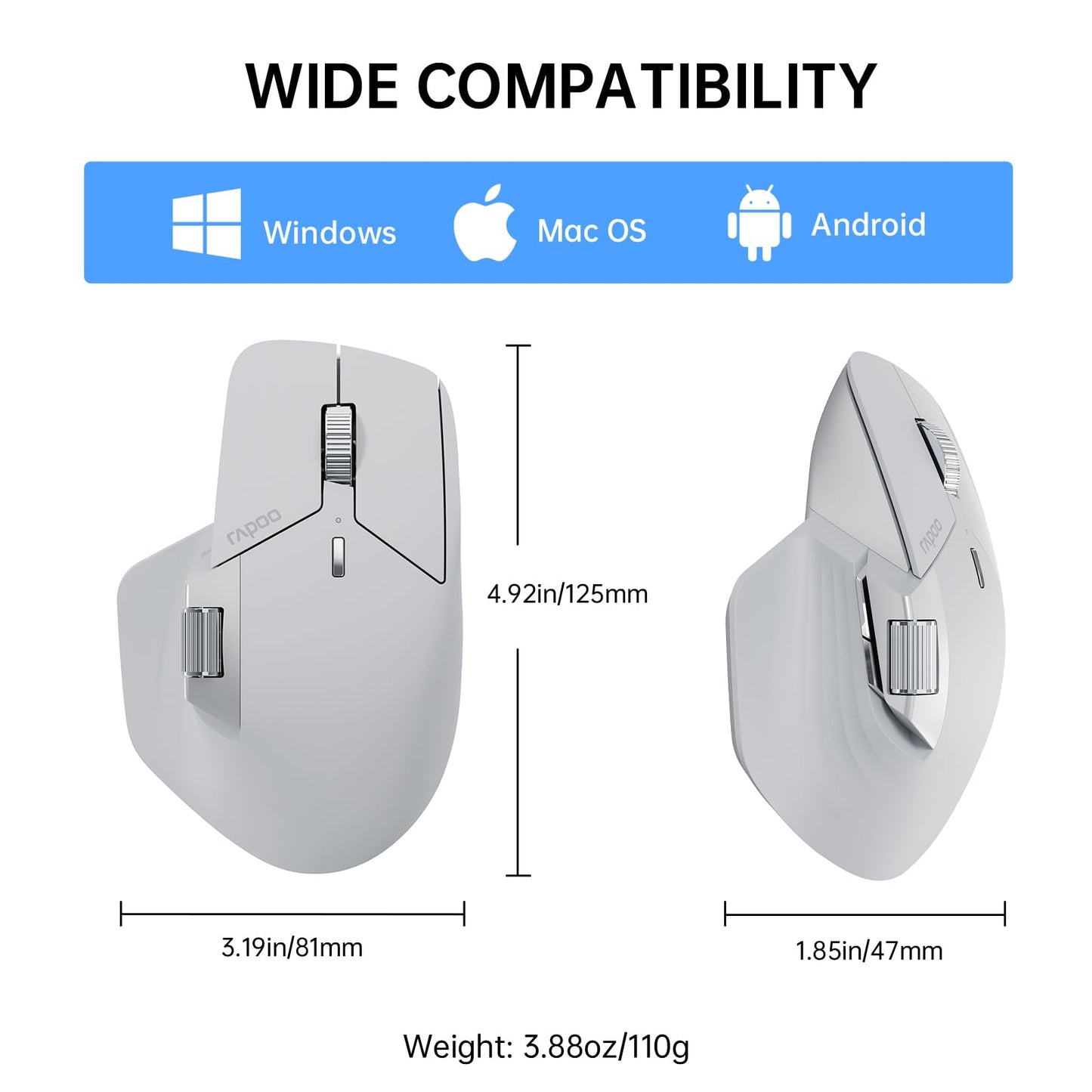 Rapoo MT760 Multi-Device Wireless Mouse, Bluetooth 5.0 and 2.4G Multi-Mode Connection, Up to 4 Devices, 11 Programmable Buttons, 4K DPI, 90 Days Battery Life, PC, Light Grey
