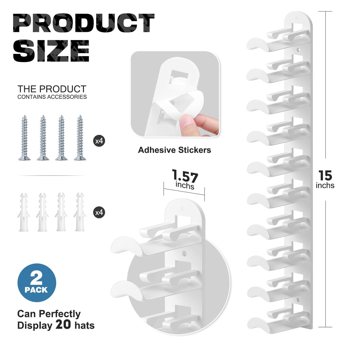 Hat Hook for Wall, 2 Pack Hat Organizer Hold up to 20 Hats,Hat Holder with Strong Adhesive and 8 Pack Screws, Cap Holder Hat Hangers for Wall Closet Door and Bedroom(B-Black) BST220