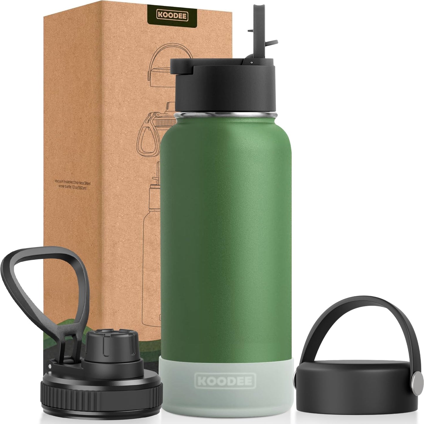 koodee Water Bottle-12 oz Stainless Steel Double Wall Vacuum Insulated Water Bottle for School-Wide Mouth Flask with Straw Lid (Teal) BST220