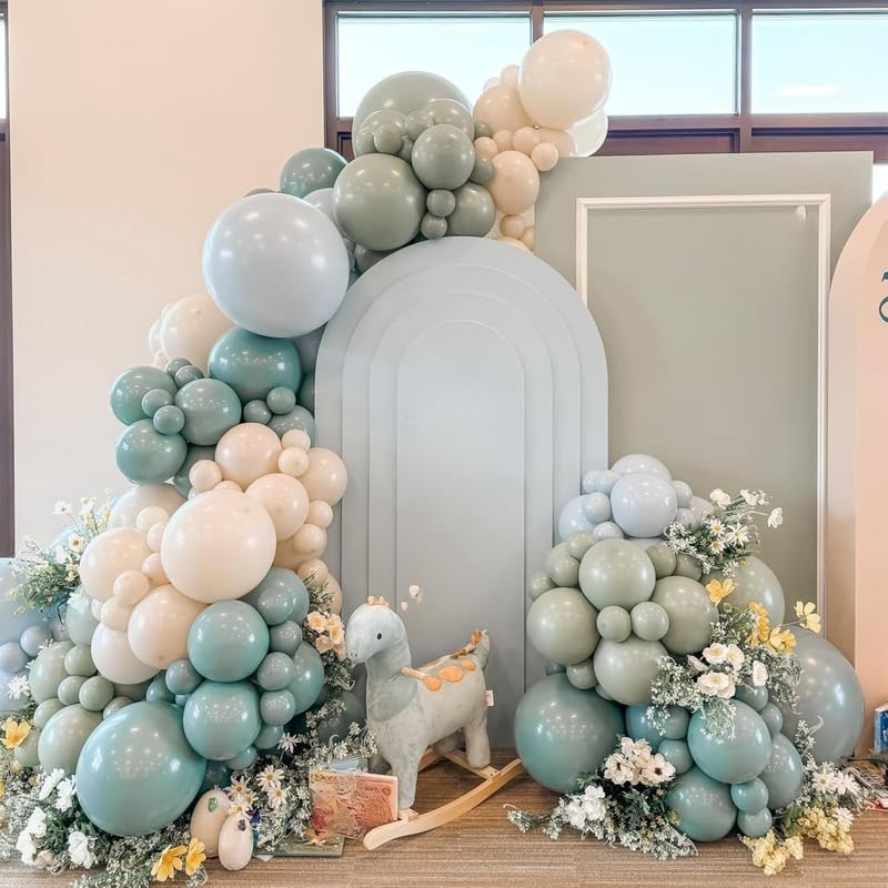 Dusty Green Blue Balloon Arch Kit, Fog Green Dusty Water Blue Beige Ivory Latex Balloons Garland Kit for Women Men Neutral Birthday Wedding Baby Bridal Shower Jungle Safari Party Decorations WN420