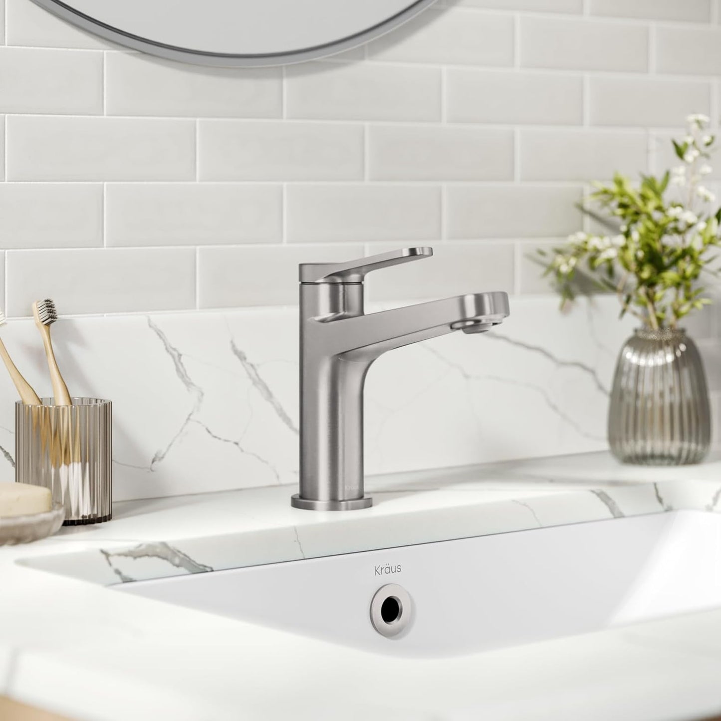 KRAUS Indy Single Handle One Hole Bathroom Sink Faucet in Spot-Free Brushed Nickel 78
