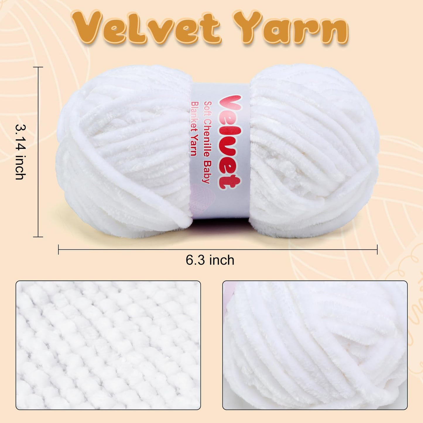 Soft Velvet Chenille Yarn for Crocheting & Knitting - Bulky Yarn for DIY Weaving Crafts Beige (3.5oz 66yds/Skein) BST326H