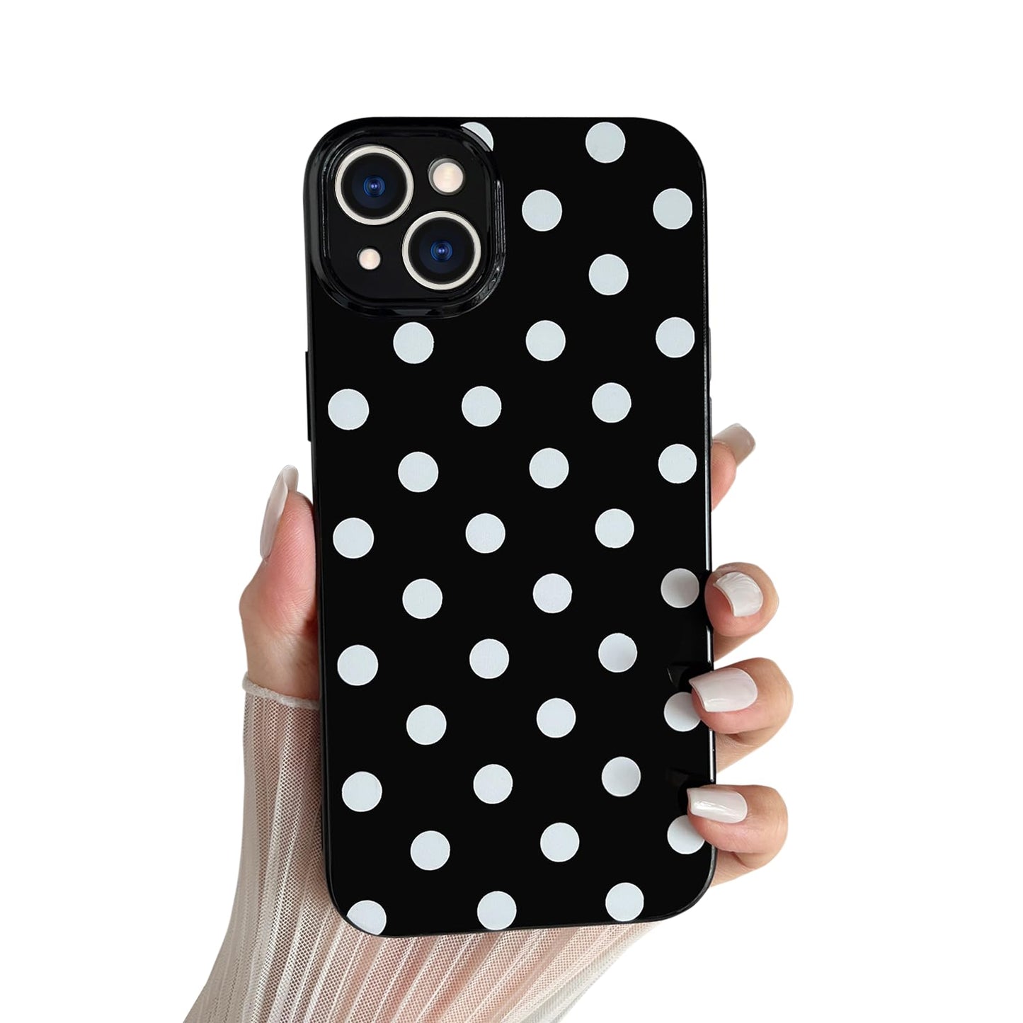 Skyseaco Compatible with iPhone 15 Case Cute Polka Dot Phone Case Soft Slim TPU Shockproof Phone Cover Full Camera Protection for Women Girls - Black WN420