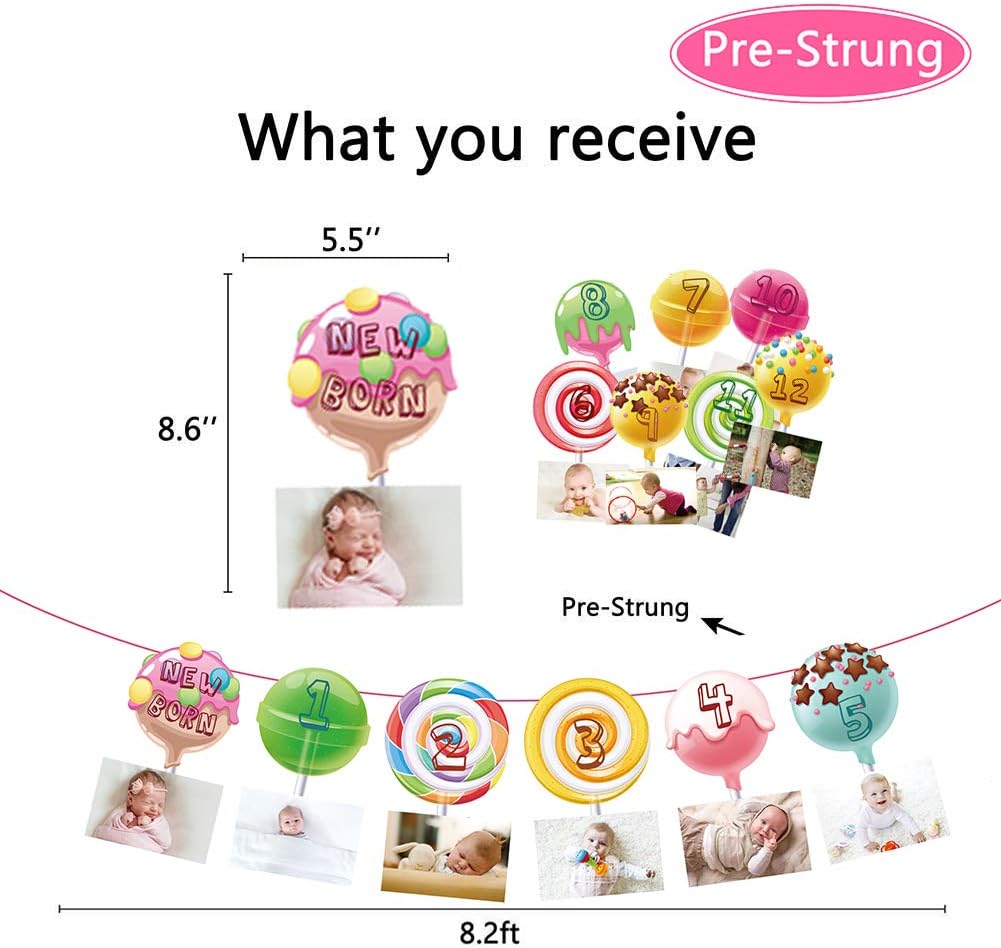 Candyland 1st Birthday Baby Photo Banner for Newborn to 12 Months, Monthly Milestone Photograph Bunting Garland, First Birthday Celebration Decoration (Candyland) BST326L