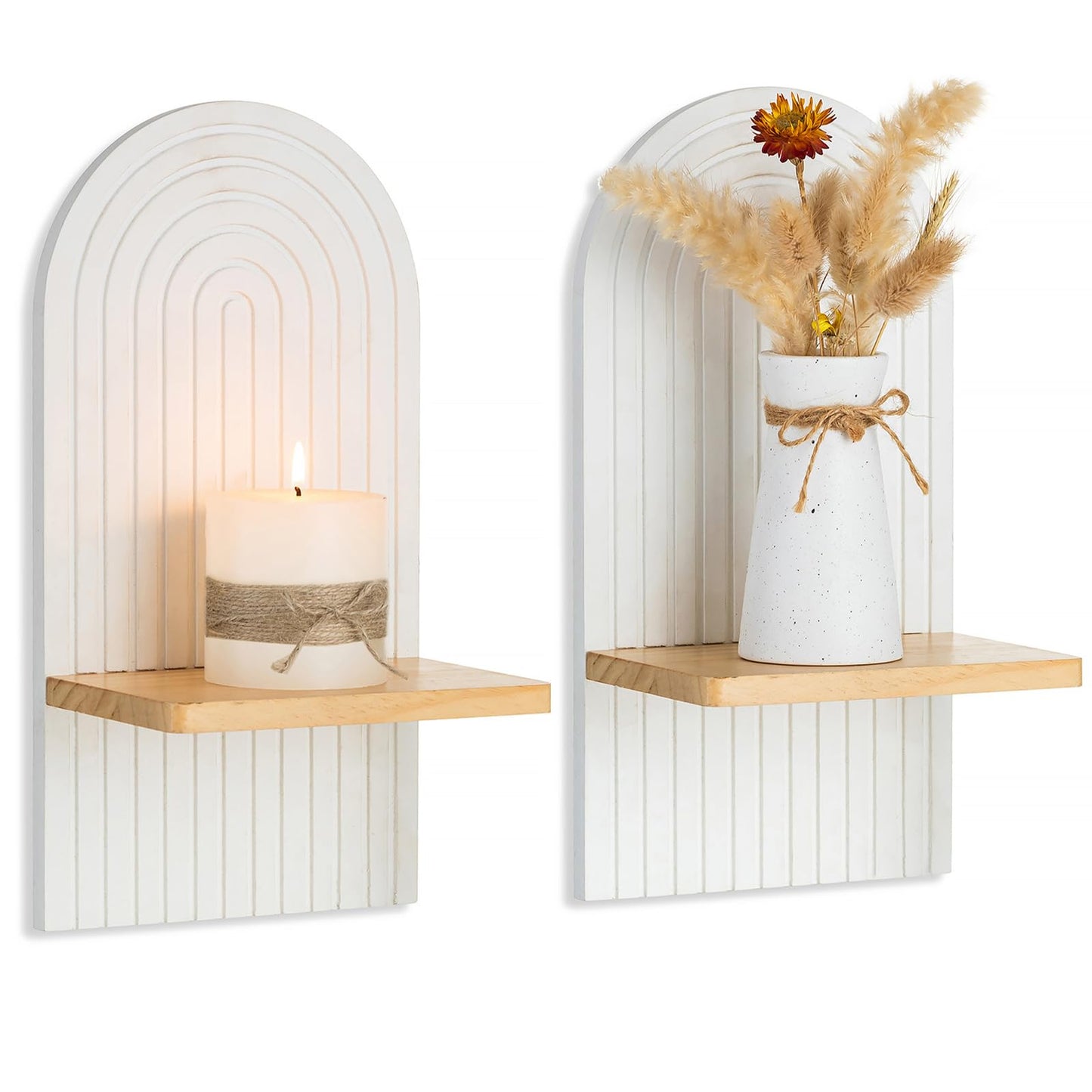 Boho Wall Candle Holder Decor: Mid Century Candle Sconces Set of 2 for Plants Pillar Candles - White Wood Modern Minimalist Arch Candle Shelf Bohemian Art Decor Beside Fireplace TV BST220