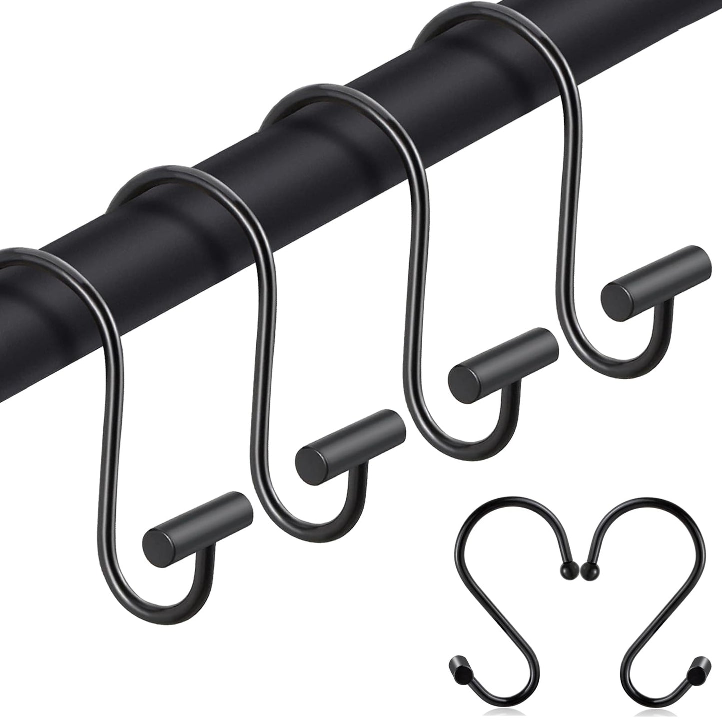 Black Shower Curtain Hooks S Hooks for Hanging Shower Hooks 12 Pack Metal Rustproof Rings with T-Bar Design, Elegant & Durable, Easy to Install for Bathroom, Kitchen, or Wardrobe Rods Curtain Rings BST220